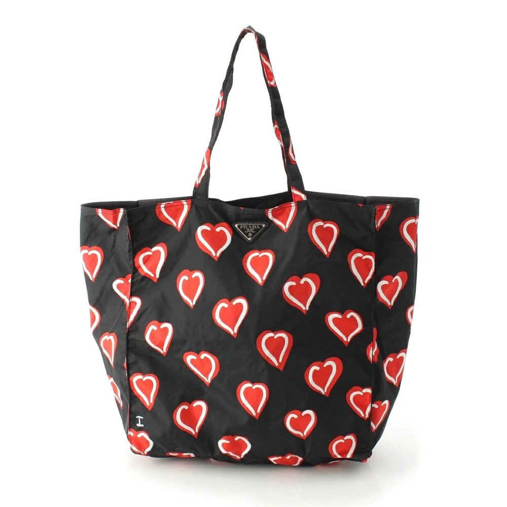 Prada Heart Motif Triangle Plate Tote Bag Pouch Clutch Packable Eco Black Red